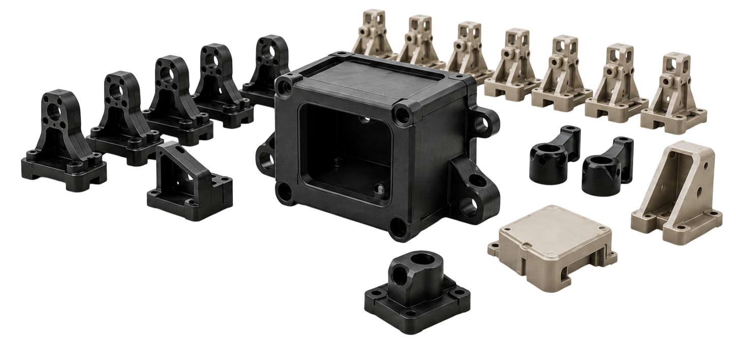 Technischer 3D-Druck-Korpus mit Halterungen, Adaptern und weiteren Bauteilen für Kleinserien