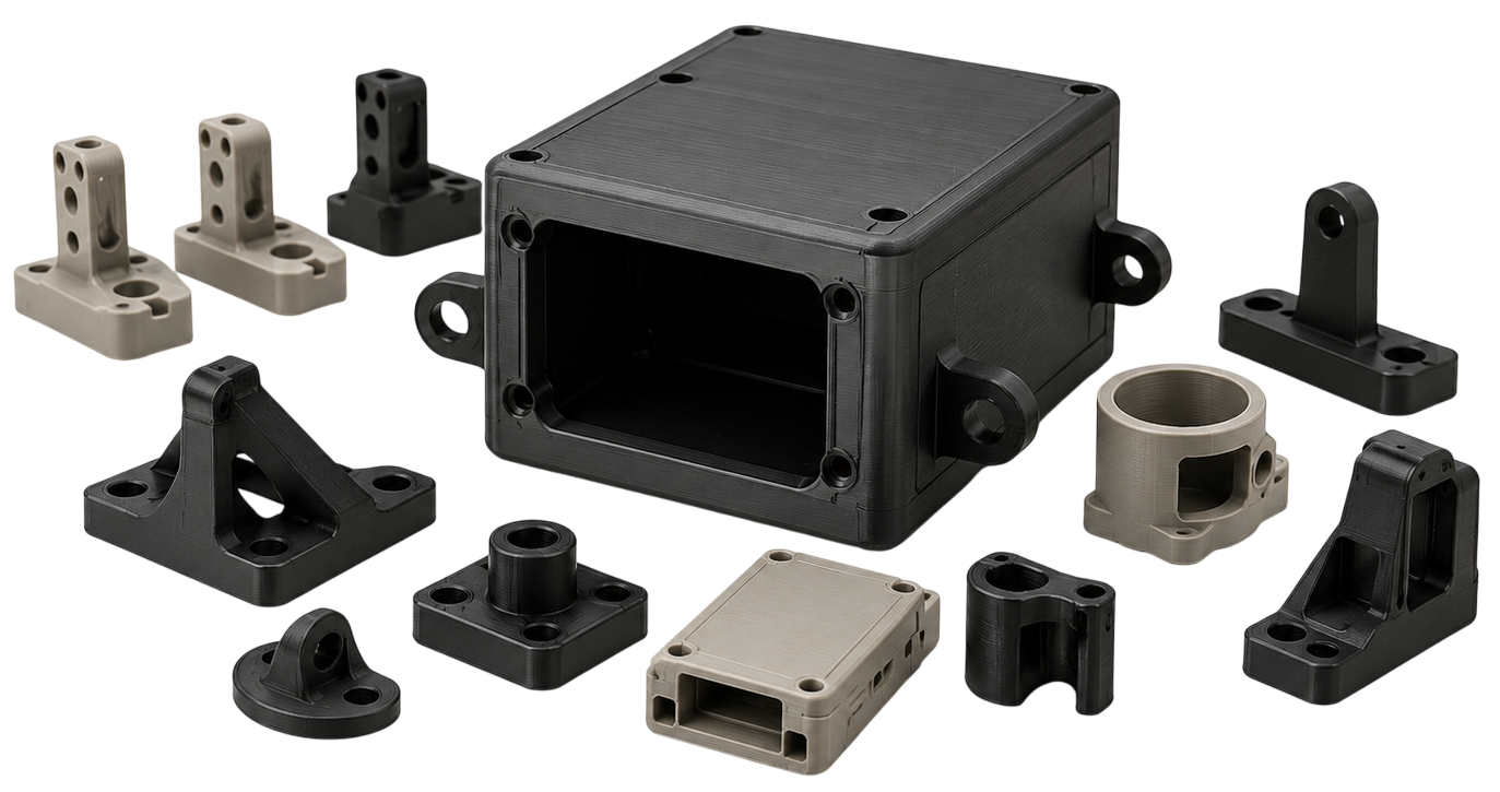 Technischer 3D-Druck-Korpus mit unterschiedlichen Bauteilen für Kleinserien