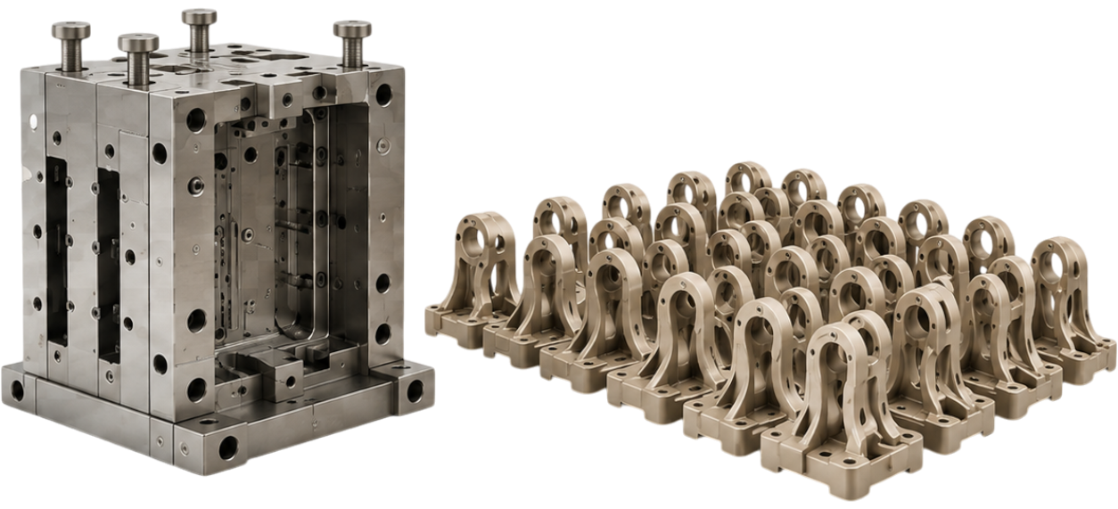 Klassische Fertigung mit metallischer Form und vielen gleichen Bauteilen