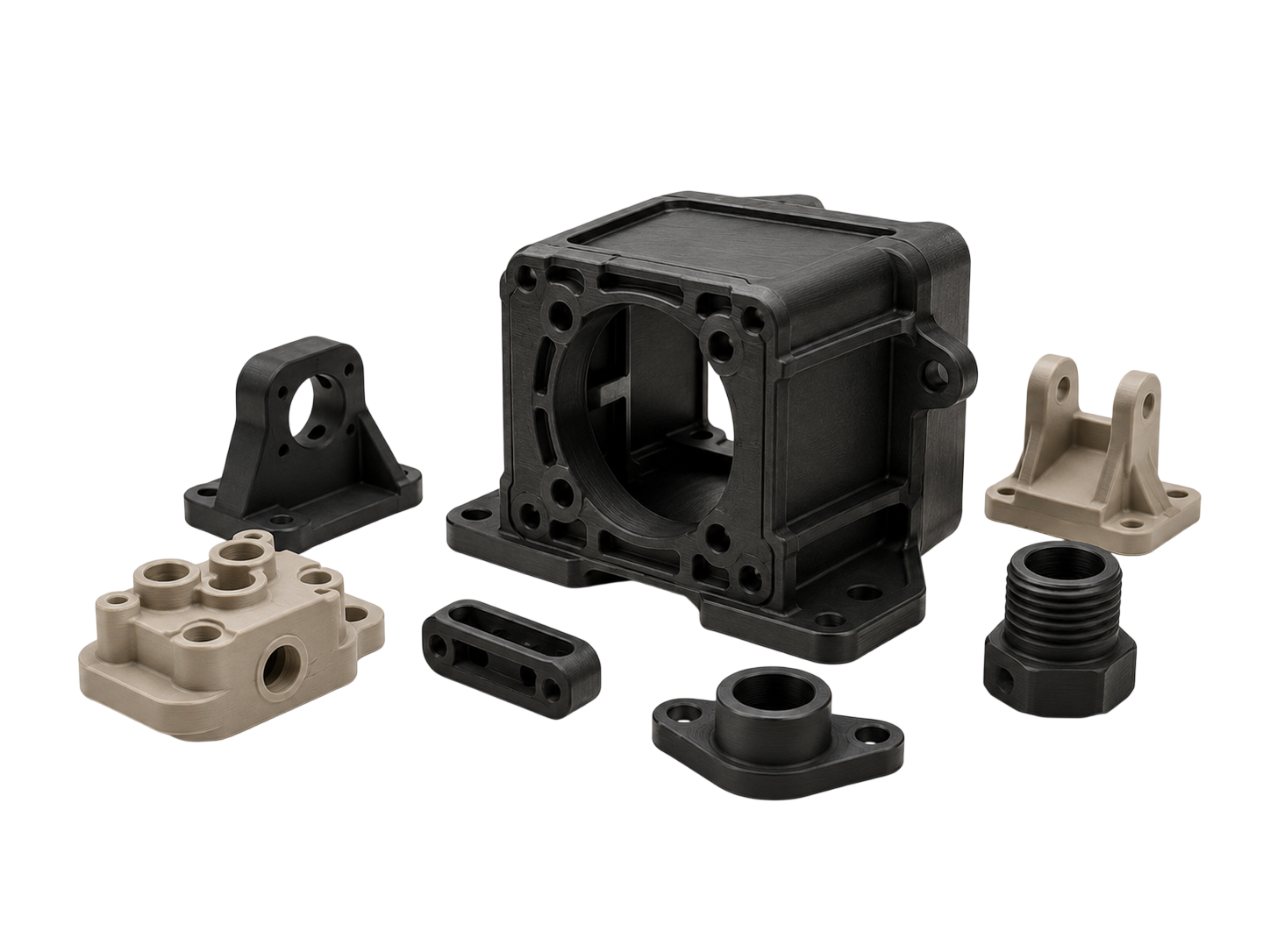 Technischer 3D-Druck-Korpus mit Halterungen, Gehäusen und weiteren Bauteilen für eine Kleinserienanfrage