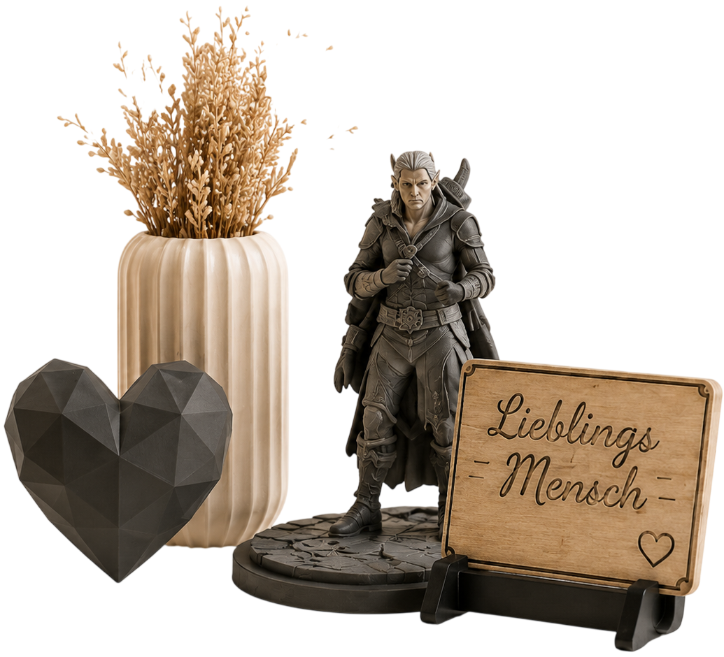 Personalisierte Wohn- und Geschenkobjekte mit Vase, Herz, Figur und Schild