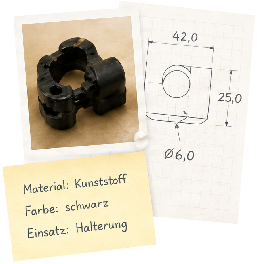 Foto eines Ersatzteils mit Maßskizze und Materialangaben