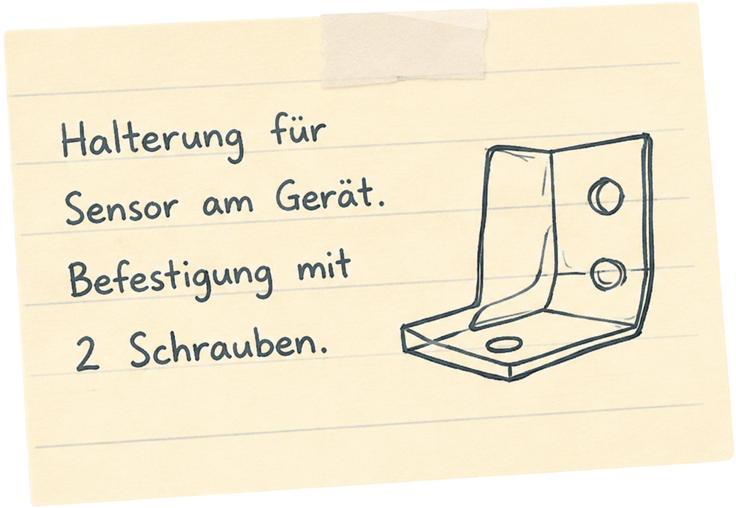 Handgezeichnete Skizze eines Ersatzteils mit kurzer Beschreibung