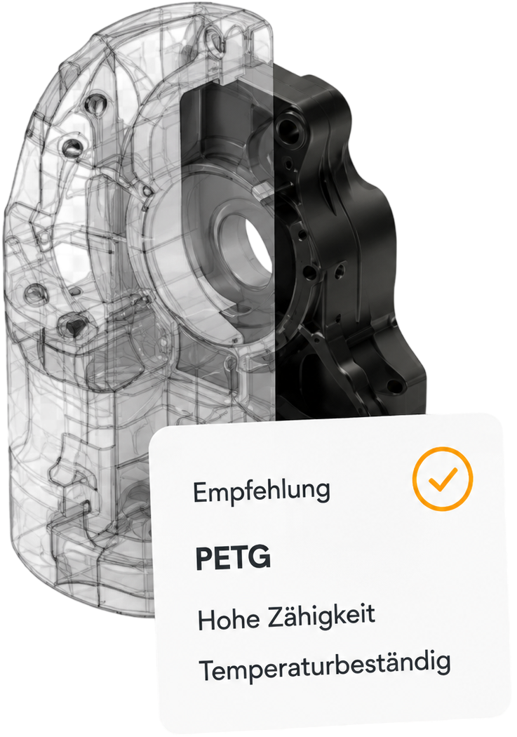 CAD-Geometrie, fertiges Ersatzteil und PETG-Materialempfehlung