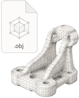 Wireframe-Modell eines technischen Halters neben OBJ-Datei