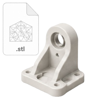 Heller Halter neben STL-Datei und Mesh-Modell