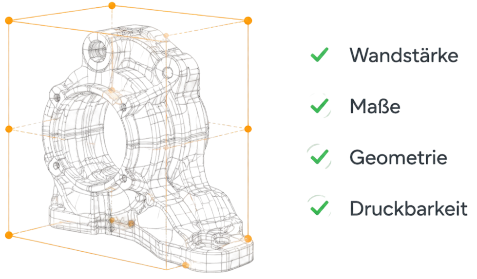CAD-Modell in Prüfrahmen mit Punkten für Maße und Druckbarkeit