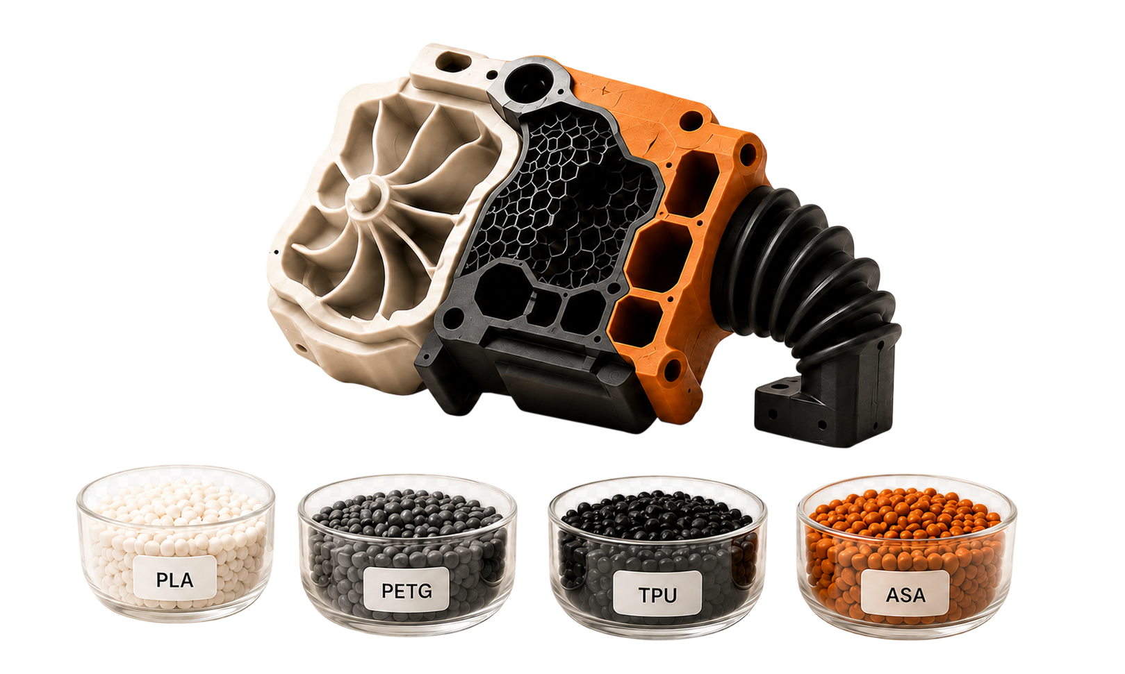 3D-gedrucktes Bauteil aus verschiedenen Materialien mit PLA, PETG, TPU und ASA