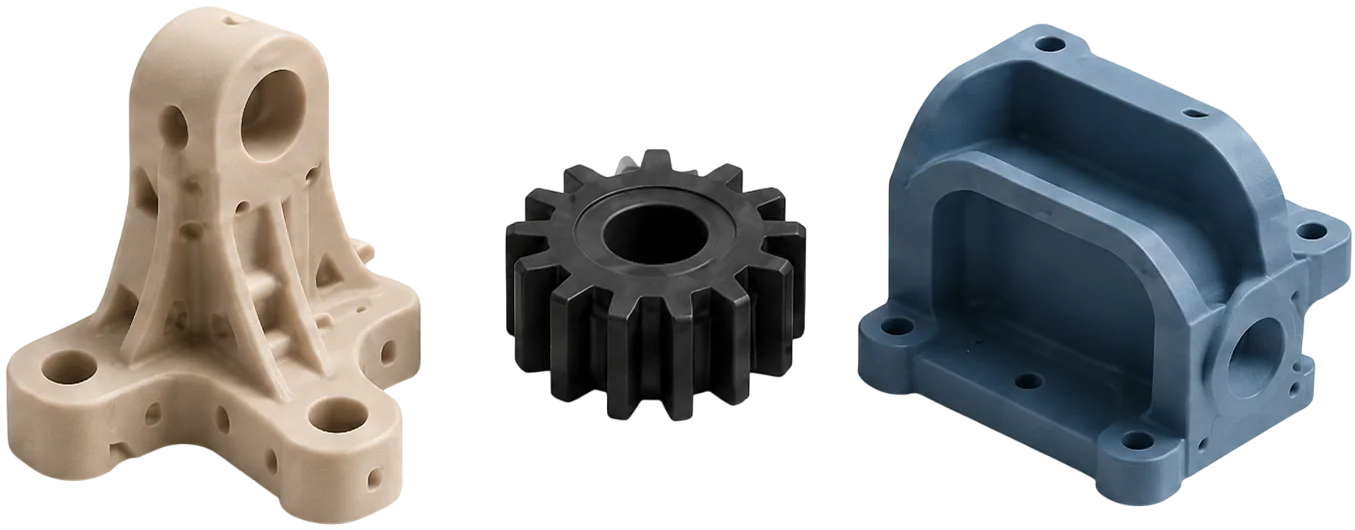 Beispiele f&uuml;r Materialwahl: technische Halterung, Zahnrad und Geh&auml;use