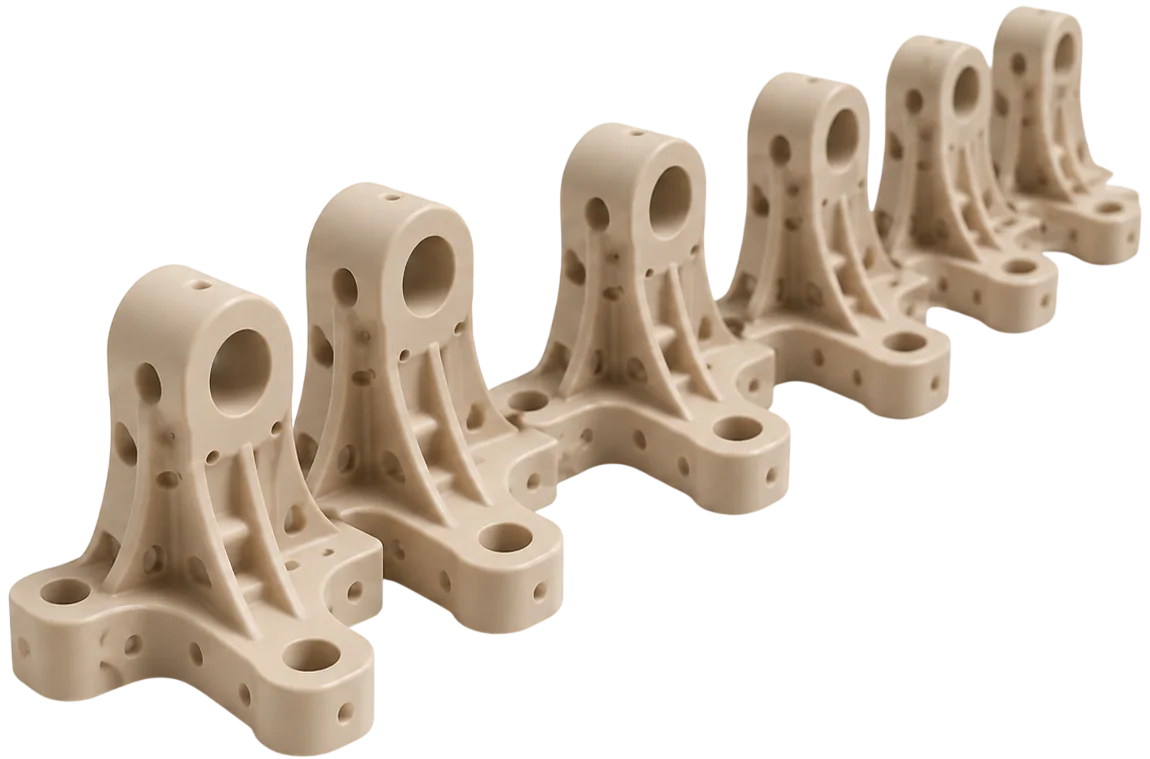 Mehrere gleiche helle 3D-Druckteile als Kleinserie