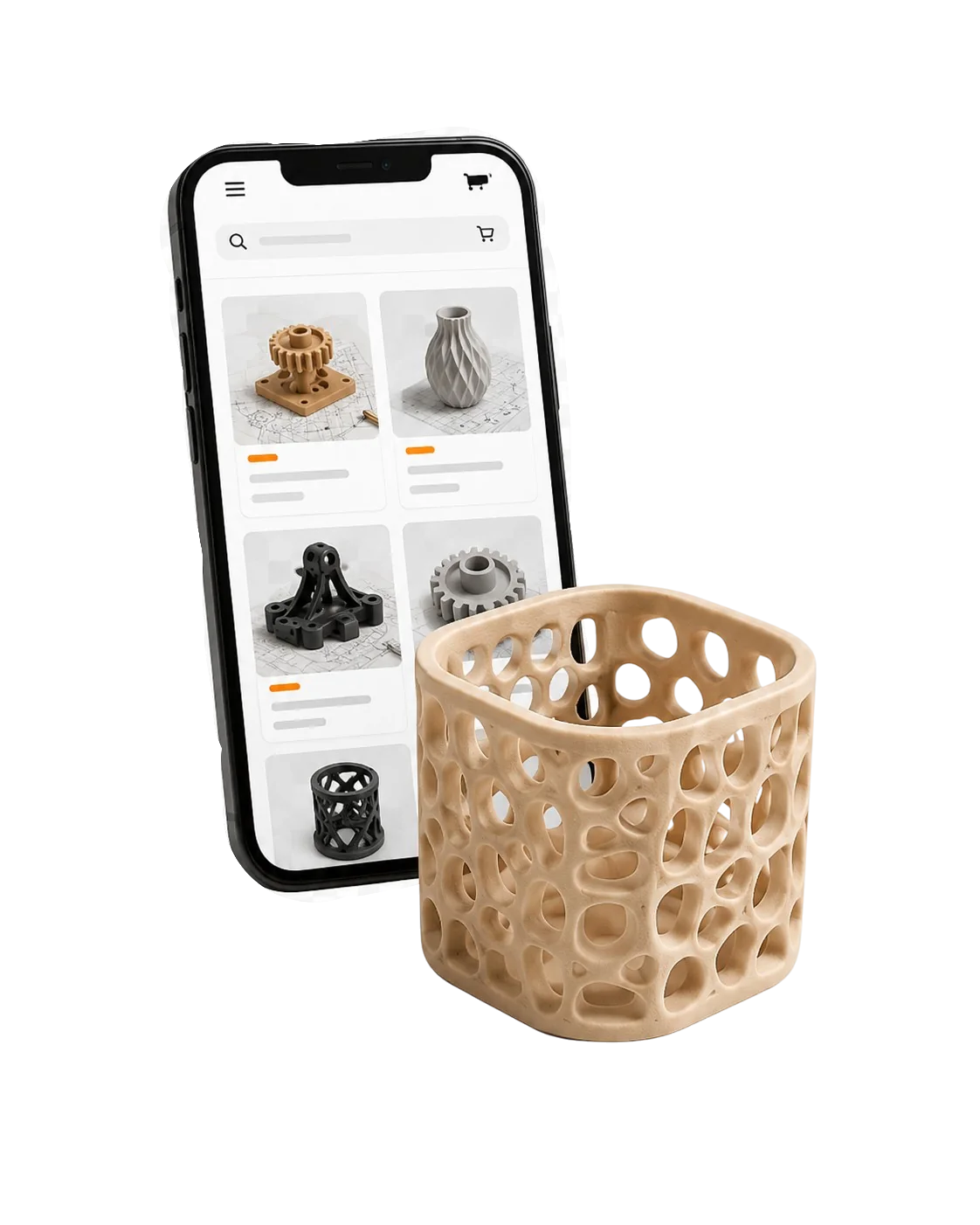 Smartphone mit Modellbeispielen und perforiertes 3D-Druckobjekt