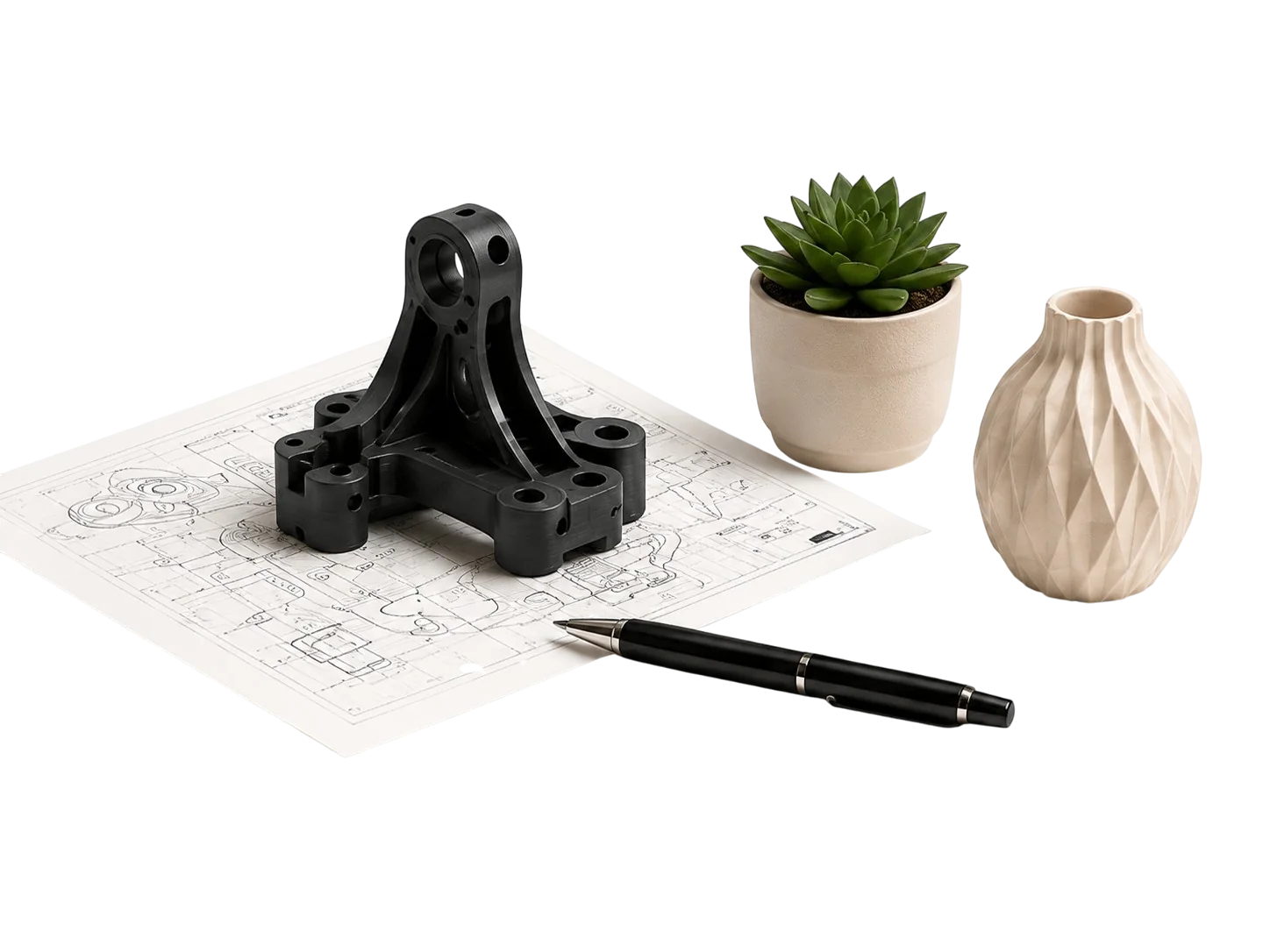 Datei, Skizze und Beispielobjekte als moegliche Grundlagen fuer ein 3D-Druck-Projekt