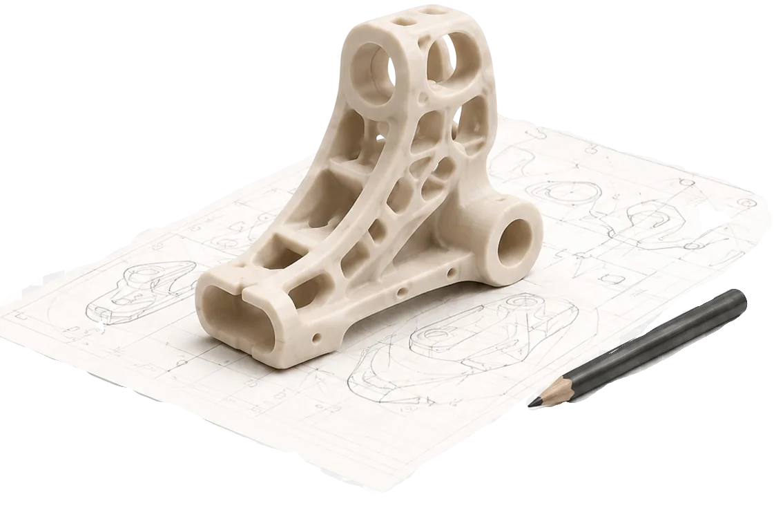 Helles Prototyp-Bauteil auf technischer Zeichnung mit Stift