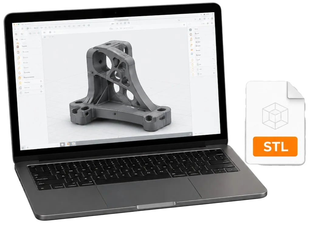 Laptop mit 3D-Modell und STL-Datei