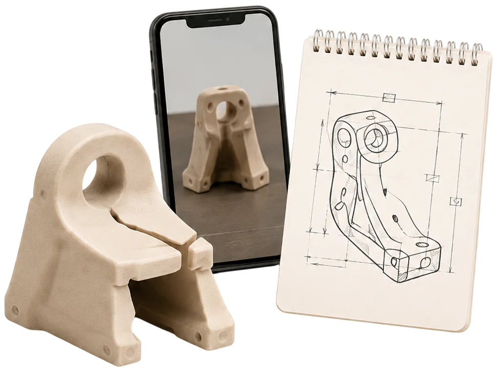 Ersatzteil, Smartphone und Skizzenblock ohne fertige 3D-Datei