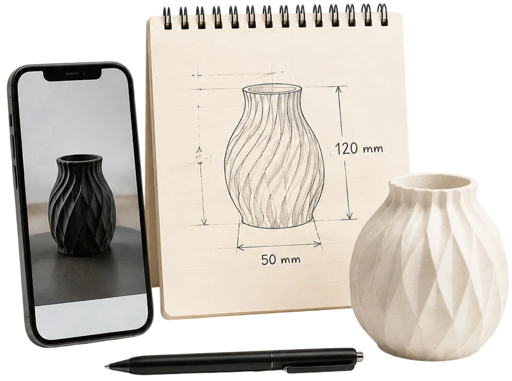 Smartphone, Skizzenblock mit Vasenzeichnung und 3D-gedruckte Vase