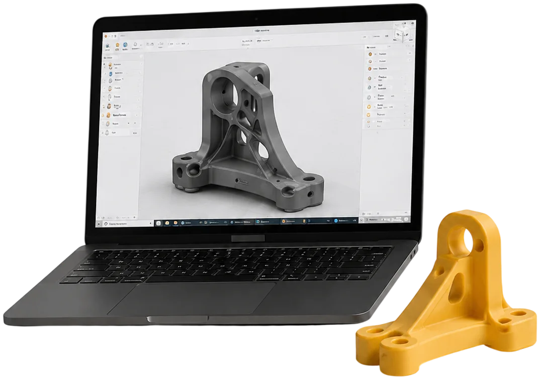 Laptop mit ge&ouml;ffneter 3D-Datei und gelbem 3D-gedrucktem Bauteil