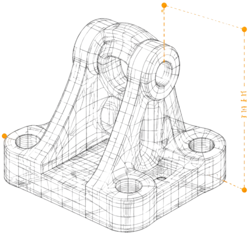 Wireframe-Modell mit Messpunkten und orangefarbenen Prüflinien