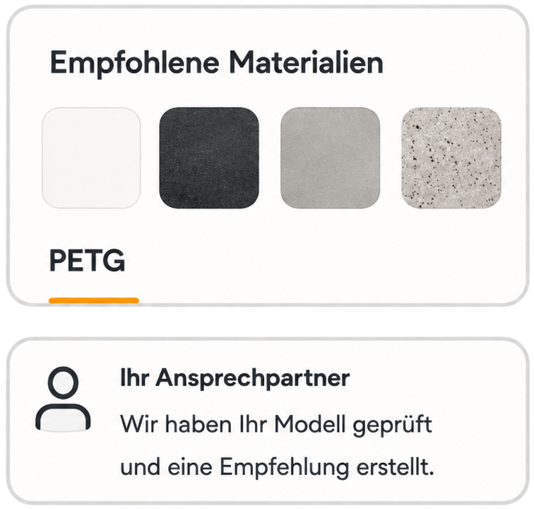 Zwei Infokarten mit Materialempfehlung und persönlicher Rückmeldung