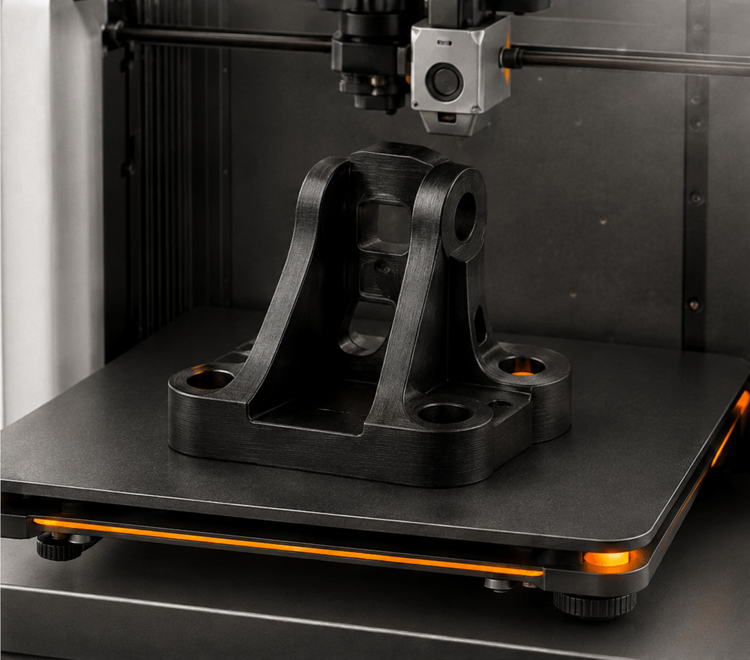 Schwarzes Bauteil auf der Bauplattform eines 3D-Druckers