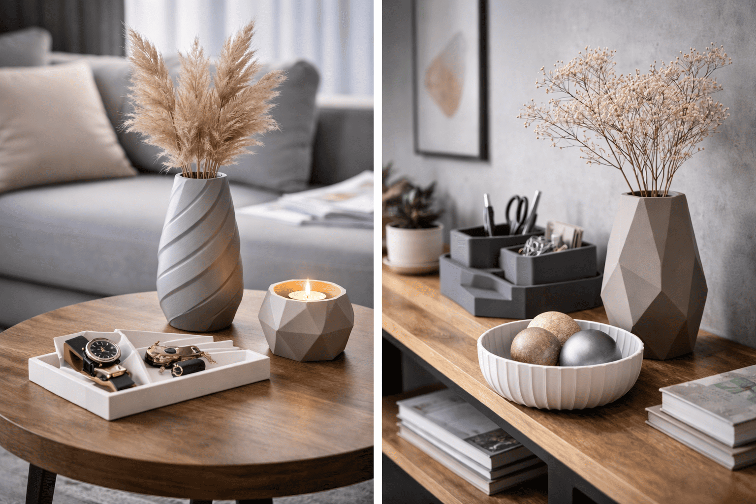 3D-gedruckte Vase und moderne Dekoration auf einem Tisch – minimalistisches Interior Design von DC Decor
